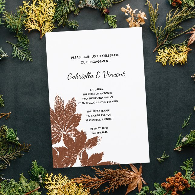 Convites Festa de noivado de Carimbo de Folha Castanha (Fall in Love with this woodland Autumn leaves engagement party invitation.)