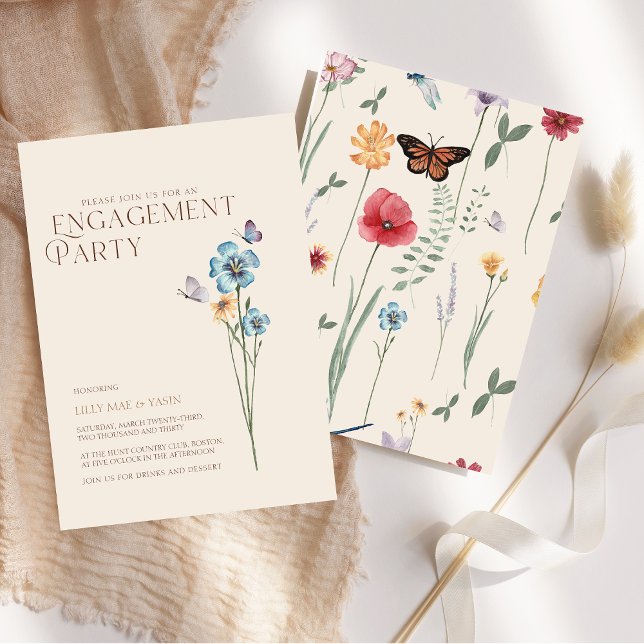 Convites Festa de noivado de Casamento de Flor Selvagem Azu (Simple Blue Wildflower Wedding Engagement Party Invitation)