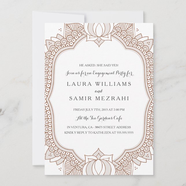 Convites Festa de noivado de Casamento Elegante Mehndi (Frente)
