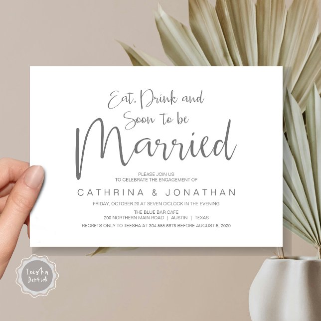 Convites Festa de noivado de Casamento, Script de Escrita M (Eat, Drink, Soon To Be Married, Wedding Engagement Party Invitation Card, in Dark Grey)