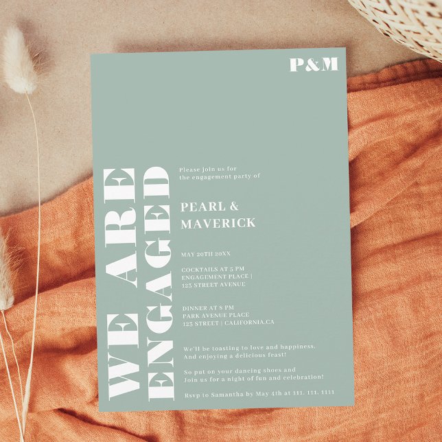 Convites Festa de noivado de casamento simples e empoeirada (Bold simple dusty green wedding engagement party invitation)