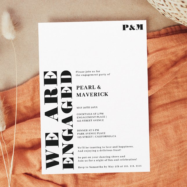 Convites Festa de noivado de casamento simples e preto (Bold simple black white wedding engagement party invitation)