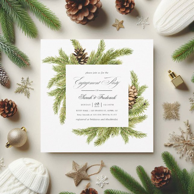 Convites Festa de noivado de Férias Evergreen Winter Pines (Evergreen Winter Pines Holiday Engagement Party Invitation)