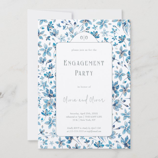 Convites Festa de noivado de Flores Azuis Pequenas (Frente)