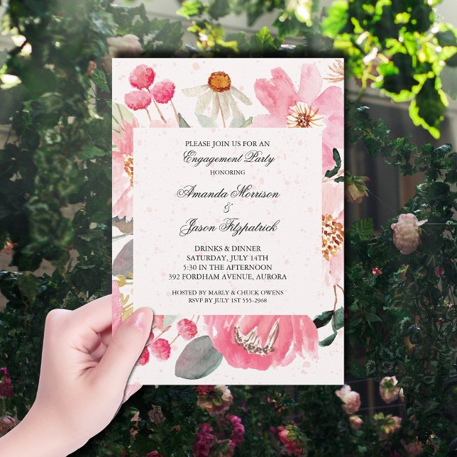 Convites Festa de noivado de Flores de Jardim (Watercolor pink garden flowers engagement party invitations)