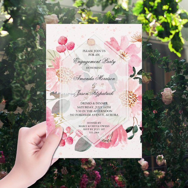 Convites Festa de noivado de Flores de Jardim (Watercolor pink garden flowers engagement party invitations)