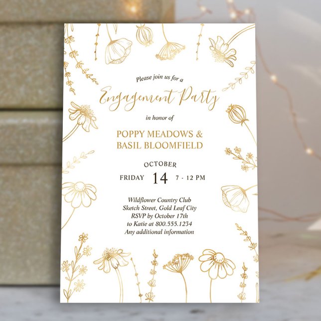 Convites Festa de noivado de Flores Douradas do Desenho de  (Gold Wildflower Engagement Party Invite from my Engagement Party Invitations Collection)