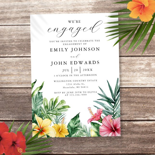 Convites Festa de noivado de Flores Tropicais de Aquarela (Watercolor Tropical Flowers Engagement Party Invitation)