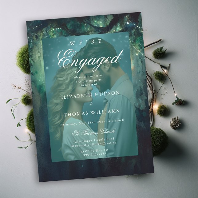 Convites festa de noivado de Fotografias de Esmerald em Flo (enchanted forest were engaged engagement photo party invitation emerald classic elegant modern chic)