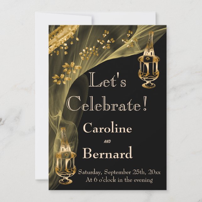 Convites Festa de noivado de gelo preto e Dourado (Frente)