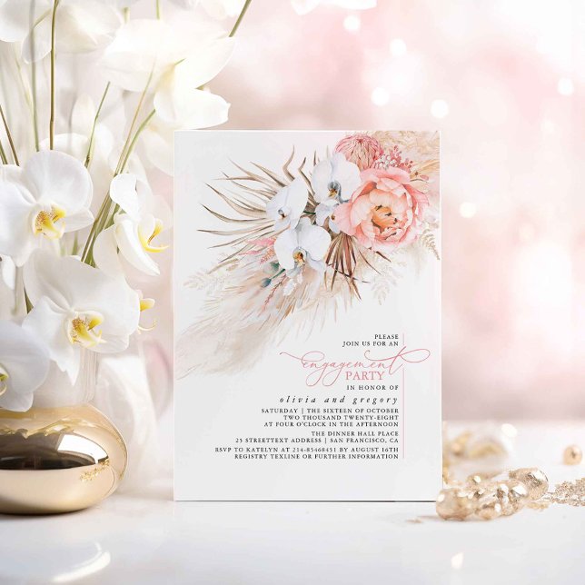 Convites Festa de noivado de Grama Floral Rosa Pampas (Boho Floral Pink Engagement Party Invitations)
