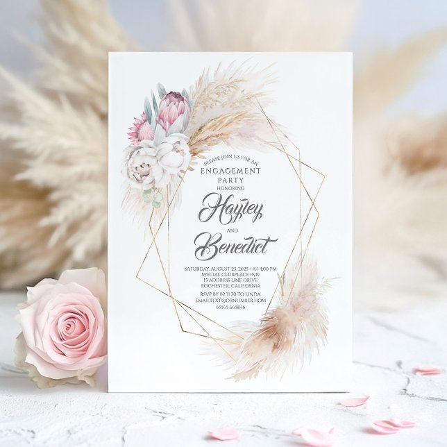 Convites Festa de noivado de Grama Pink King Protea e Pampa (Boho Floral Engagement Invitation)