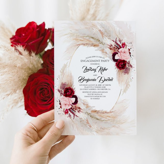 Convites Festa de noivado de Grass Floral Vermelho e Borbol (Red and Pink Floral Botanical Engagement Party Invitation)
