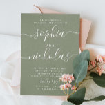 Convites Festa de noivado de guião verde-pastel<br><div class="desc">Simples convite para festa de noivado de guião minimalista em verde pastel,  cor verde pálida para o casamento no verão da floresta. Entre em contato comigo se precisar de itens adicionais.</div>