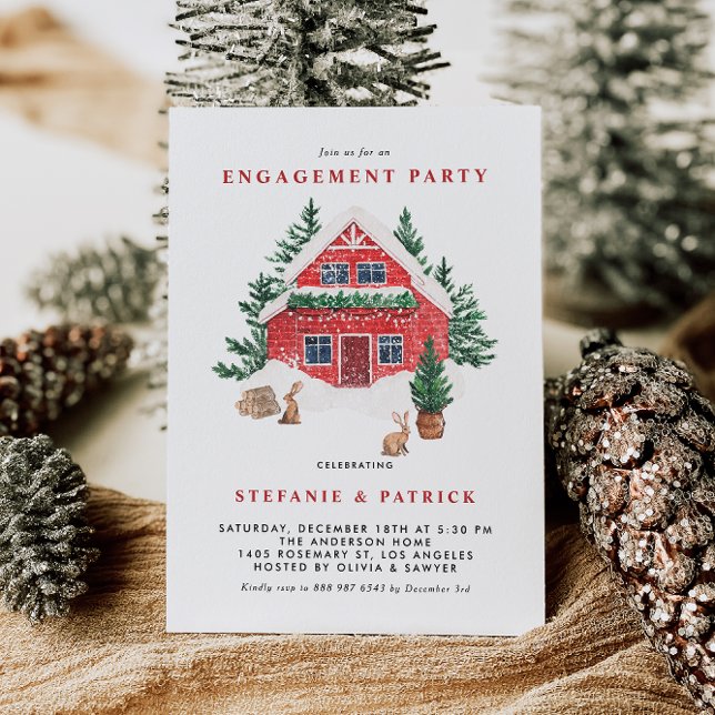 Convites Festa de noivado de inverno da Floresta de Algodão (A winter engagement party invitation featuring watercolor red cottage in a winter woodland scene.)