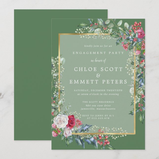 Convites Festa de noivado de inverno Rustic Holly Berries (Frente/Verso)