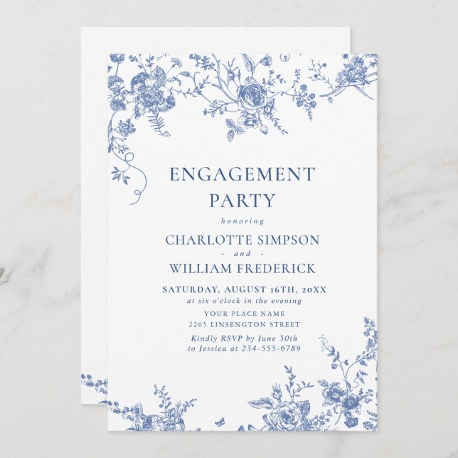 Convites Festa de noivado de Jardim Francês Azul Vitoriano  (Frente/Verso)