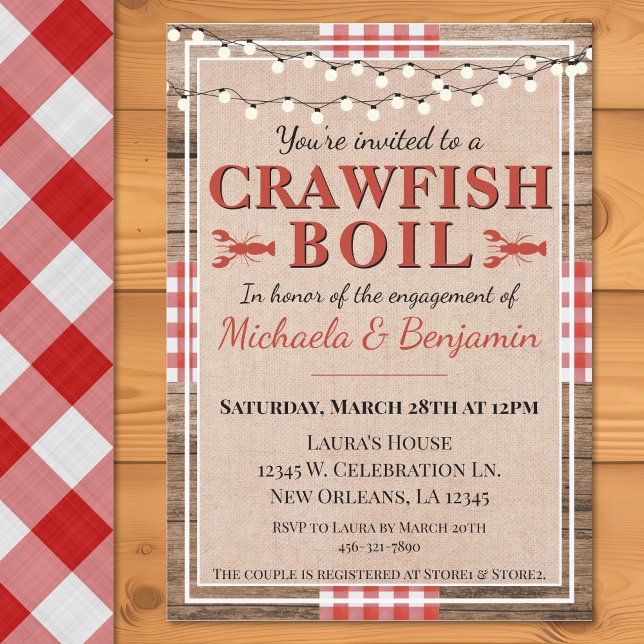 Convites Festa de noivado de lagosta Rústica (Crawfish Boil Lobster Engagement Party Rustic Invitation)