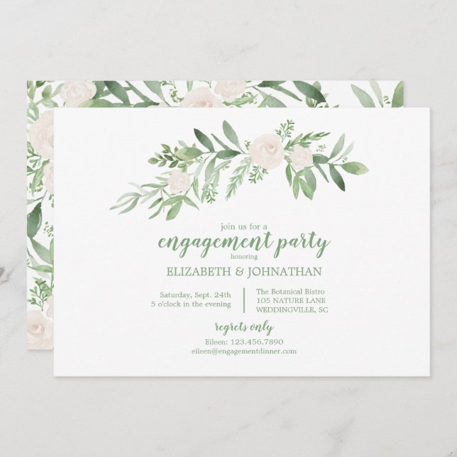 Convites Festa de noivado de marfim de aquarela elegante (Frente/Verso)