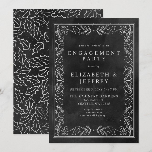 Convites Festa de noivado de Natal Black Silver Holly (Frente/Verso)