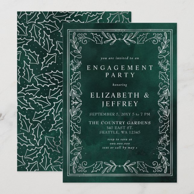 Convites Festa de noivado de Natal da Holly Silver Verde (Frente/Verso)