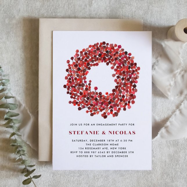 Convites Festa de noivado de Natal da Winterberry Wreath Re (Engagement party invitation featuring watercolor winterberry wreath. Perfect for Christmas events.)