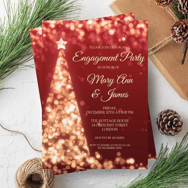 Convites Festa de noivado de Natal Dourada e Vermelha elega (Elegant Gold & Red Christmas Engagement Party Invitation)