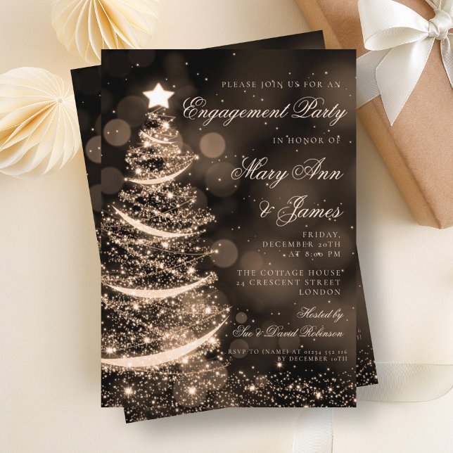 Convites Festa de noivado de Natal Elegante e Dourada (Elegant Black & Gold Christmas Engagement Party Invitation)