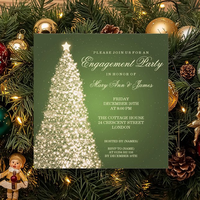 Convites Festa de noivado de Natal Elegante Verde Dourado (Elegant Christmas Engagement Party Gold Green Invitation)