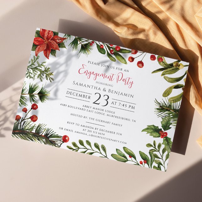 Convites Festa de noivado de Natal Greenery (Botanical Poinsettia Script Winter Engagement Party Invitation)
