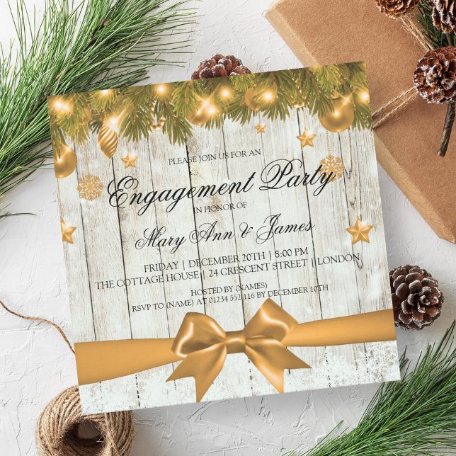 Convites Festa de noivado de Natal Rústica Decor Dourado (Rustic Christmas Engagement Party Gold Decor Invitation)