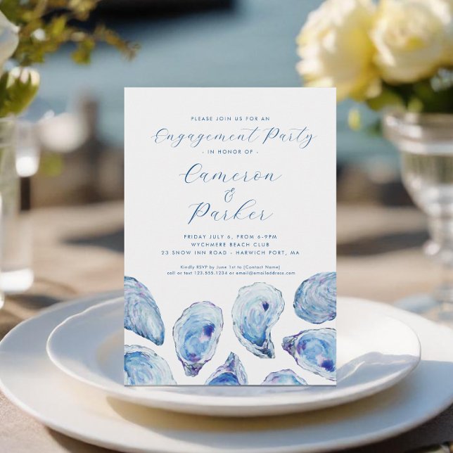 Convites Festa de noivado de Ostra - Azul (Oyster Engagement Party Invitation with elegant blue watercoor oyster shells from Concertina Press)