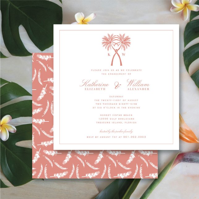 Convites Festa de noivado de praia em Monograma das Palmeir (Knotted Palm Trees Monogram Beach Engagement Party Invitation @ fatfatin_blue_knot)