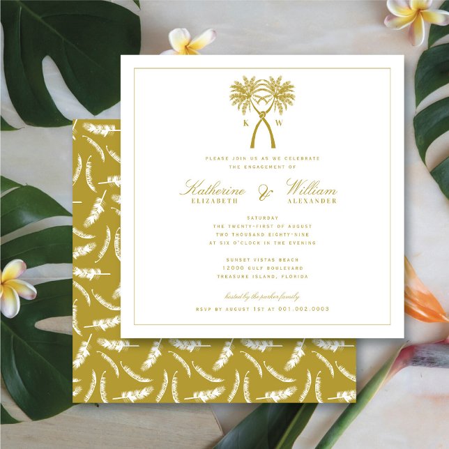 Convites Festa de noivado de praia em Monograma das Palmeir (Knotted Palm Trees Monogram Beach Engagement Party Invitation @ fatfatin_blue_knot)