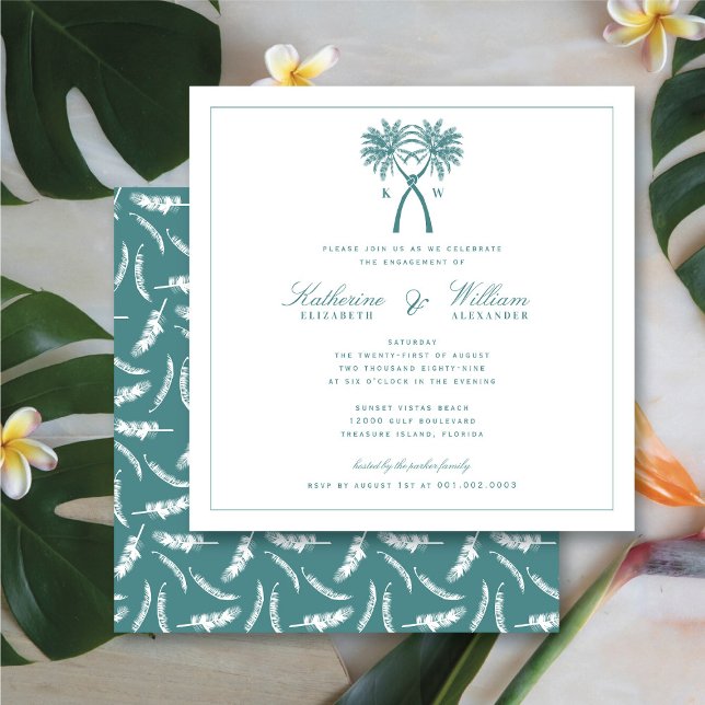 Convites Festa de noivado de praia em Monograma das Palmeir (Knotted Palm Trees Monogram Beach Engagement Party Invitation @ fatfatin_blue_knot)