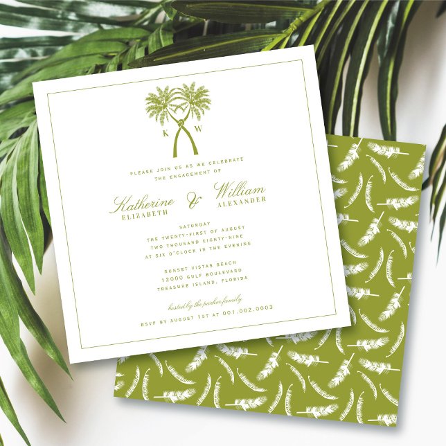 Convites Festa de noivado de praia em Monograma das Palmeir (Knotted Palm Trees Monogram Tropical Beach Engagement Party Invitation @ fatfatin_blue_knot)