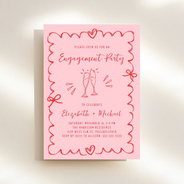 Convites Festa de noivado de Quadro de Onda Vermelha Cor-de (Whimsical pink + red engagement party invitation to set the tone for an unforgettable event)