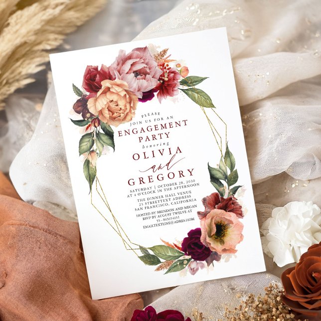 Convites Festa de noivado de queda vermelha do Borgonha Lar (Fall Engagement Party Invitations)