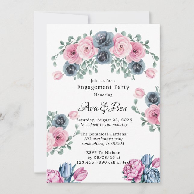 Convites Festa de noivado de Sangue Rosa e Azul (Frente)