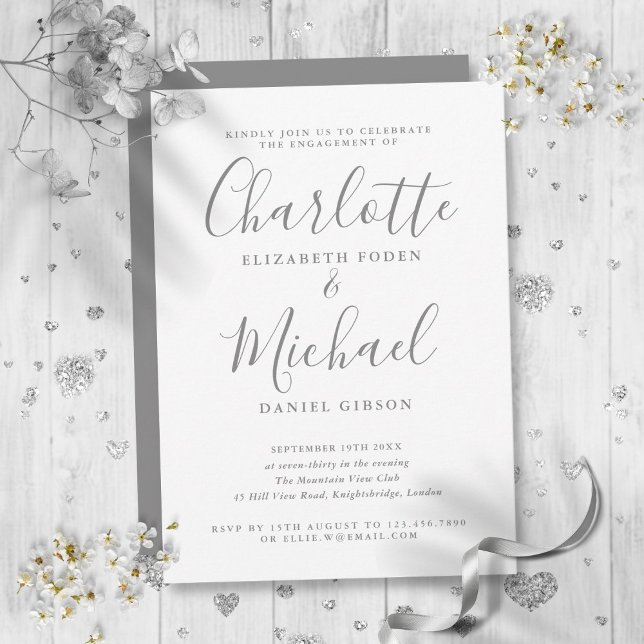 Convites Festa de noivado de Script de Assinatura de Cinza  (Elegant Gray Signature Script Engagement Party Invitation)