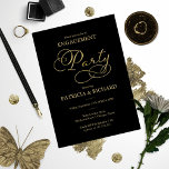 Convites Festa de noivado de Script de Folha de Ouro Preto<br><div class="desc">Convite para Festa de noivado de Script de Folha de Ouro Preto Elegante</div>