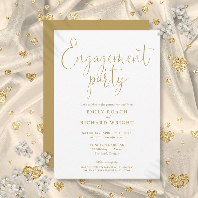 Convites Festa de noivado de Script Dourado Elegante (Elegant Gold Script Engagement Party Invitation)