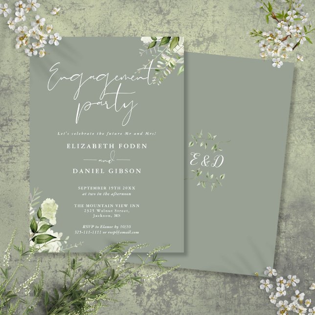 Convites Festa de noivado de Script Verde Floral Sage (Floral Sage Green Script Engagement Party Invitation)