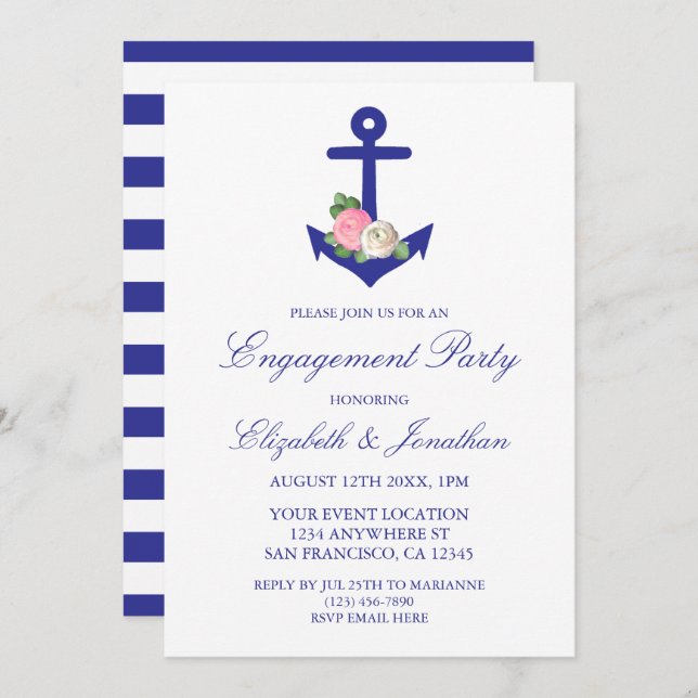 Convites Festa de noivado de Verão Floral Náutica (Frente/Verso)