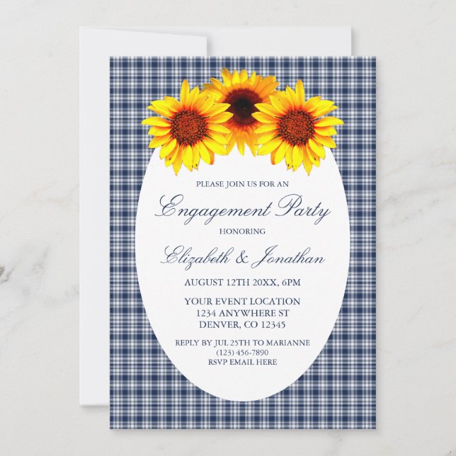 Convites Festa de noivado de Xadrez de girassol (Frente)