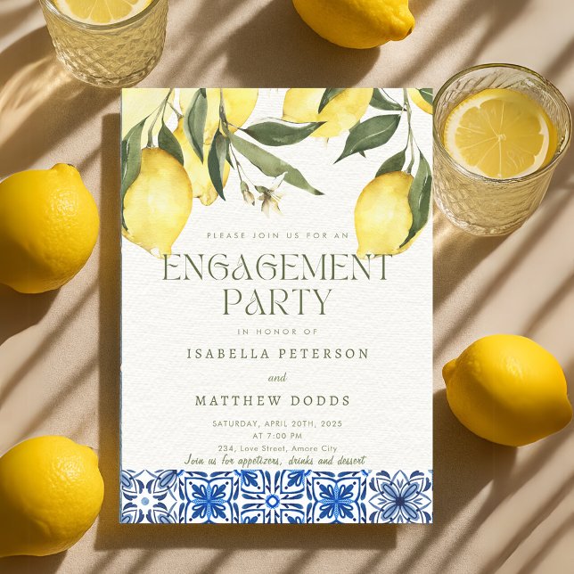 Convites Festa de noivado do Mediterrâneo Moderno (Modern Lemon Mediterranean Engagement Party Invitation)