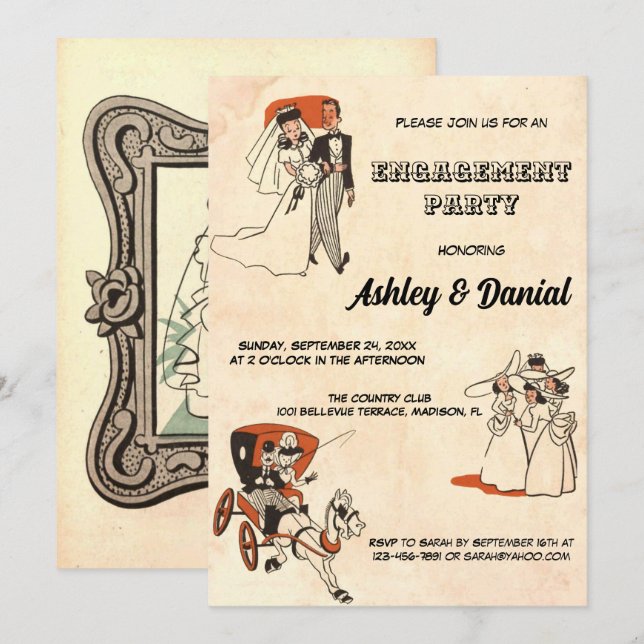 Convites Festa de noivado do tema dos quadrinhos retrógrado (Frente/Verso)