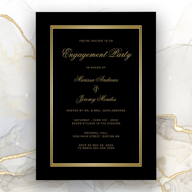 Convites Festa de noivado Dourada Elegante (Elegant Black and Gold Engagement Party Invitation)