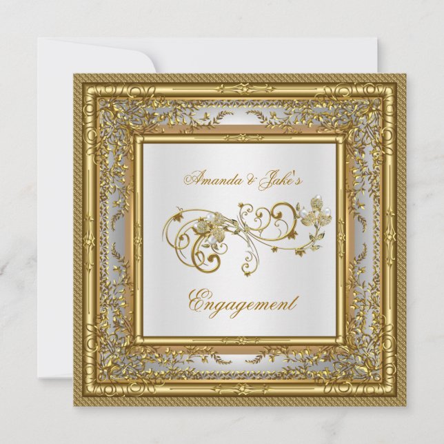 Convites Festa de Noivado Dourado Branco Damask Floral (Frente)