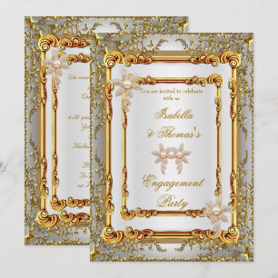 Convites Festa de Noivado Dourado Branco Damask Flores
